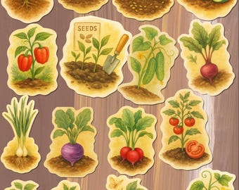 Aquarel tuinstickerset: cottagecore fruit, groenten, planten (16-delig) waterdicht mat