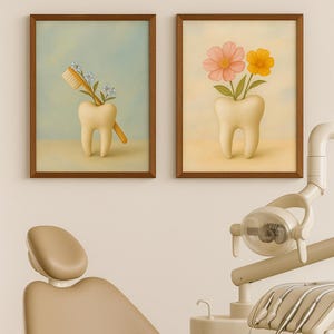 Dental Art Print – Pastel Dental Wall Decor for Hygienists & Dentists | Tooth Vase Art, Floral Toothbrush Painting, 8.5x11 Framed Art