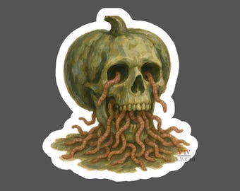 Sticker effrayant d'Halloween - Citrouille avec vers