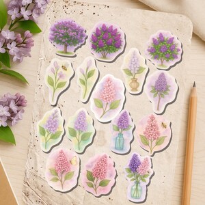 Ensemble d'autocollants fleurs lilas - 15 autocollants floraux aquarelles roses et violets - Décoration printanière Cottagecore pour carnets et cadeaux - Découpées
