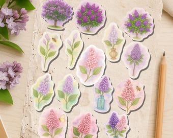 Watercolor Lilac Flower Sticker Set: Cottagecore Journal Decor Waterproof Matte