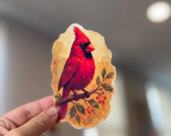 Adesivo in acrilico raffigurante un cardinale: uccello rosso su un ramo - Regalo per birdwatcher Cottagecore