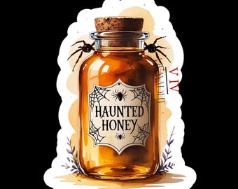 Haunted Honey Jar Sticker: Halloween Witch Potion, Spider Web Label