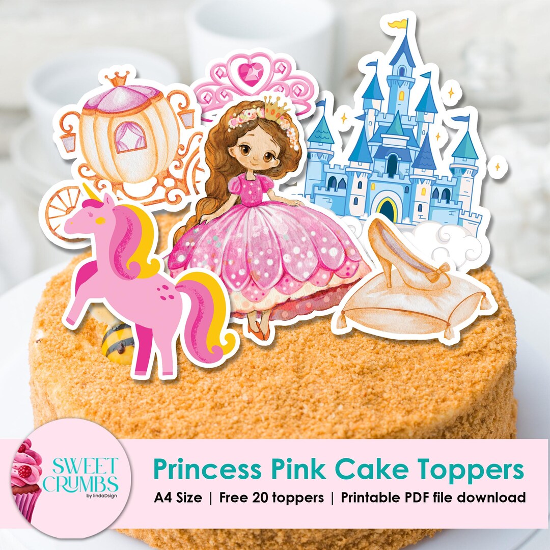 Princess Birthday Cake Topper Set: Pink & Gold + 20 Cupcake Toppers ...