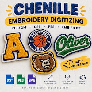 Digitalisering av anpassat chenillebroderi | Logotyp, lappar, EMB-filer DST, PES