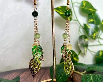 Forest Fairy Dangle Leaf Earrings - Green and Gold, Enchanted Forest, Whimsical Nature Jewelry, Ren Faire, Boho Earrings