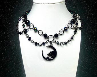Gothic Skull Moon Choker Necklace - Alternative Witchy Jewelry, Whimsigoth, Dark Fantasy, Halloween