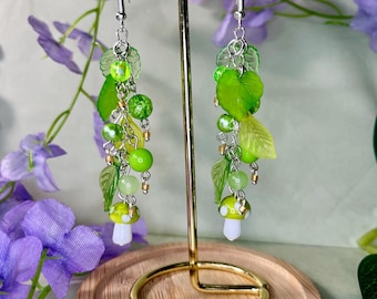 Sunlit Forest Fairy Mushroom Earrings - Fairycore & Cottagecore Leaf Dangle Earrings, Whimsical Woodland Nature Boho Jewelry