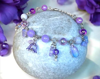 Sunset Meadow Fairy Charm Bracelet - Pink Purple, Butterflies, Lilies, Leaves, Whimsical Princess Fairycore Flower Jewelry