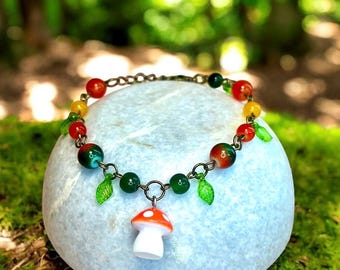 Whimsical Orange Mushroom Bracelet - Earth Fairy, Autumn Fall Jewelry, Woodland Forest Boho Jewelry, Cottagecore, Goblincore