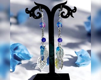 Moon Fairy Iridescent Leaf Earrings - Blue Purple, Enchanted Forest, Whimsical Nature Jewelry, Fairy earrings