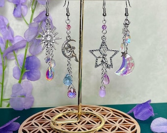 Celestial Fairy Earrings - Silver Star Earrings, Iridescent Purple Fantasy Jewelry, Whimsical Fairycore Accessories