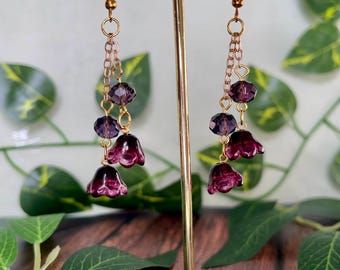 Storm Fairy Lily Earrings - Dark Fairycore & Whimsigoth Purple Flower Earrings with Chains