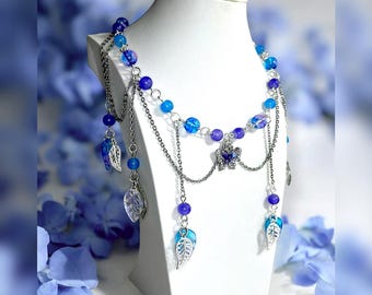 Moon Fairy Cascading Chain Butterfly & Leaf Necklace - Iridescent Blue Purple, Enchanted Forest, Whimsical Nature Jewelry