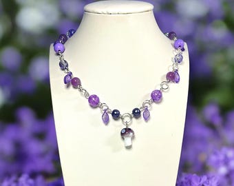 Purple Magic Mushroom Grove Choker Necklace – Whimsical Festival Rave Fairy Jewelry, Woodland Whimsy, Cottagecore, Enchanted Forest,Ren Fest