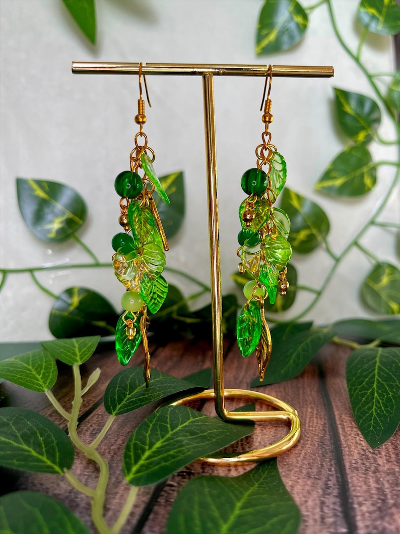 Forest Fairy Leaf Earrings - Green Fairycore & Cottagecore Leaf Dangle Earrings, Whimsical Woodland Nature Boho Jewelry image 1