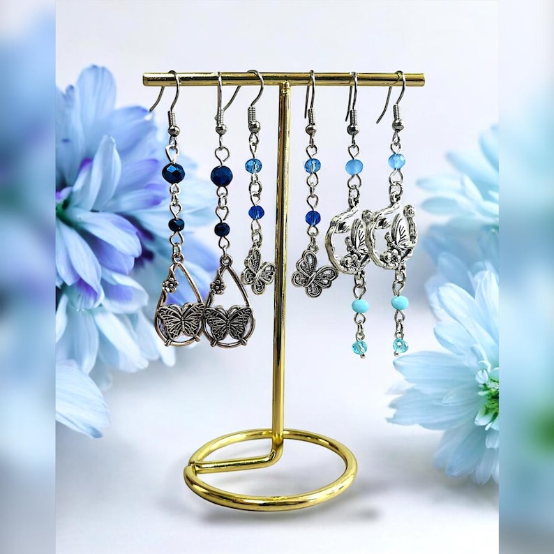Silver Butterfly Earrings - Blue beads, Whimsical Fairy Earrings, Floral Dangle Earrings, Nature Butterfly Jewelry, Valentines Gift for Her image 1
