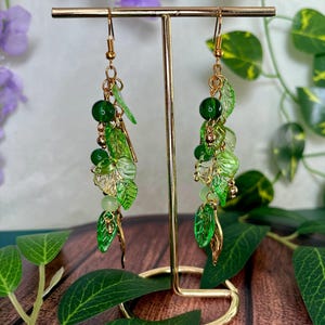 Forest Fairy Leaf Earrings - Green Fairycore & Cottagecore Leaf Dangle Earrings, Whimsical Woodland Nature Boho Jewelry image 2