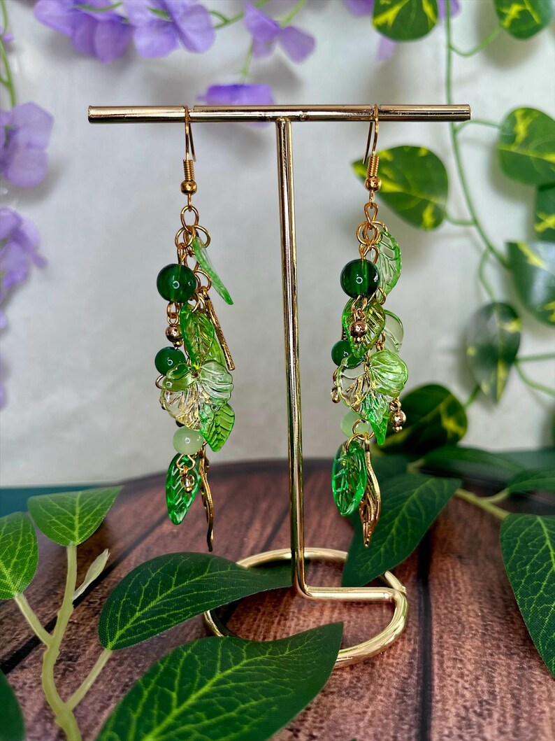 Forest Fairy Leaf Earrings - Green Fairycore & Cottagecore Leaf Dangle Earrings, Whimsical Woodland Nature Boho Jewelry image 2