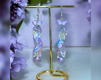 Sunset Meadow Fairy Earrings - Pink Purple, Butterflies, Lilies, Leaves, Whimsical Princess Fairycore Flower Jewelry