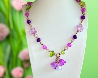 Garden Fairy Lily Flower Necklace,  “Meadow” – Choker, Whimsical Butterfly Jewelry, Hippie Boho Cottagecore, Princess, Festival fashion
