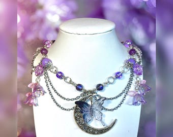 Sunset Meadow Fairy Moon Choker Necklace - Crescent Moon, Butterfly, Pink Purple Lilies, Whimsical Princess Fairycore Flower Jewelry