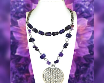 Flower of Life Choker & Pendant Necklace Set - Hippie Jewelry, Sacred Geometry, Spiritual, Amethyst inspired, Nature lover, Stainless Steel