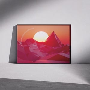 Red Sunrise Abstract Landscape Print - Minimalist Modern Digital Wall Art, Geometric Contemporary Home Decor, Printable Neutral Artwork 53