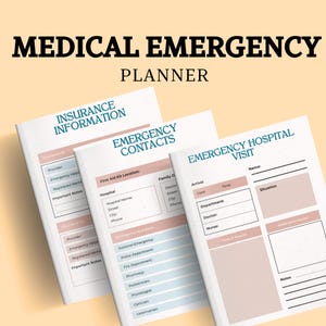 Peut inclure: Un planificateur d'urgence médicale avec trois livrets ouverts. Le livret supérieur indique "Informations d'assurance", le milieu "Contacts d'urgence" et le dernier "Visite à l'hôpital d'urgence". Le titre est "Planificateur d'urgence médicale".