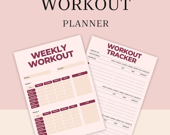 May include: Two workout planner sheets with the words "WORKOUT PLANNER" at the top. One sheet is labeled "WEEKLY WORKOUT" and the other "WORKOUT TRACKER". The sheets are light pink with burgundy text and boxes for tracking exercise.
