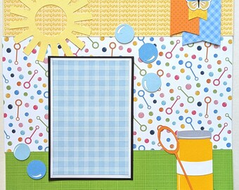 Blowing Bubbles - Spring - Summer - Scrapbook Layout - Premade Scrapbook Page - Outdoor Play - Outside - Kids - Children - Child