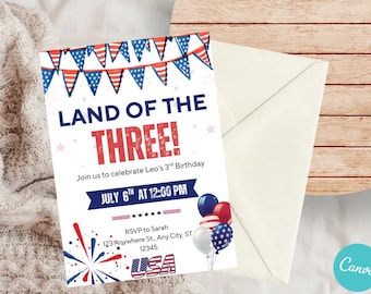 Land of the THREE Third Birthday Party Invitation/ America, USA, Fireworks, Red, White and Blue Party Invite/Editable Printable Invitation