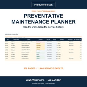 May include: A digital Preventative Maintenance Planner spreadsheet for Excel, featuring a table with columns for Task ID, Machine, PM task, Due status, Next due, Days left, Assigned to, Planned date, and Est. downtime. Includes 200 tasks and 1,000 service events.