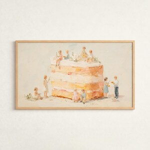 Könnte beinhalten: Gerahmtes Gemälde, das einen großen, mehrschichtigen Kuchen mit kleinen Figuren zeigt. Der Kuchen ist in Orange- und Weißtönen gemalt, mit Figuren, die oben und um den Sockel herum platziert sind. Das Kunstwerk hat einen weichen, malerischen Stil.