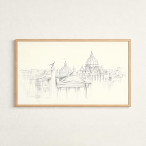 Könnte beinhalten: Eine gerahmte Bleistiftskizze einer Stadtlandschaft mit markanten architektonischen Elementen. Das Kunstwerk zeigt eine detaillierte Darstellung von Gebäuden, Kuppeln und Strukturen, alles in Grautönen. Das Kunstwerk ist in einem hellbraunen Holzrahmen eingefasst.