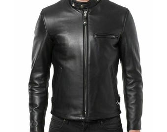 Men's Black Sheepskin Cafe Racer Jacket – Slim Fit Moto Biker