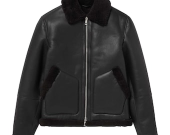 Men’s Black Shearling Bomber Jacket – Genuine Leather Aviator Coat with Fur Collar