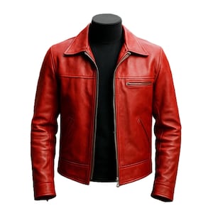 May include: A vibrant red leather jacket with a classic collar and a full-length zipper. The jacket features a chest pocket and two side pockets. The garment is displayed on a black mannequin, showcasing its tailored fit and design.