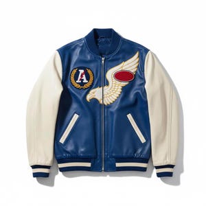 Blue and White Varsity Jacket Eagle Patch Letterman Bomber Jacket Unisex College Style Streetwear Coat Leather Sleeve Premium Jacket