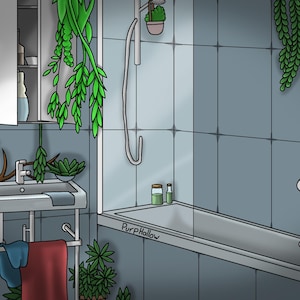 Puede incluir: Ilustración de un baño con bañera, lavabo y plantas colgantes. Las paredes están alicatadas en color gris azulado. Un armario con espejo está montado encima del lavabo. Una toalla roja cuelga de un toallero.