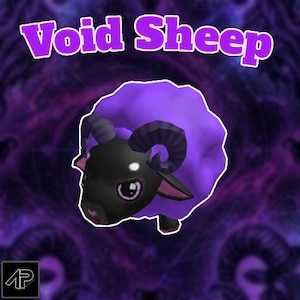 May include: A stylized sheep figure with a black face, dark curved horns, and bright purple wool. The sheep has large, expressive eyes and a small heart-shaped nose. Above the figure, the text Void Sheep is displayed in bold purple letters.