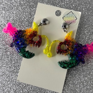 Rainbow Glitter Angler Fish Earrings Resin Statement Dangle Earrings Deep Sea Pride Jewelry Funky Ocean Creature Accessories Kitschy Earring