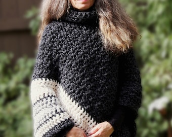 Crochet PATTERN Chunky Turtleneck Poncho for Women Ebony and Ivory Poncho