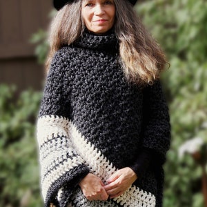Crochet PATTERN Chunky Turtleneck Poncho for Women Ebony and Ivory Poncho
