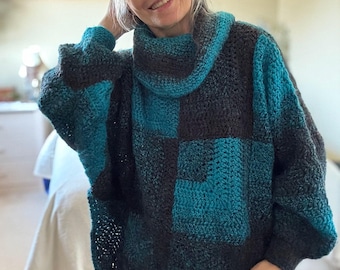 Easy Crochet Granny Square Swoncho Pattern: Batwing Cowl Neck Poncho with Sleeves (PDF Pattern)