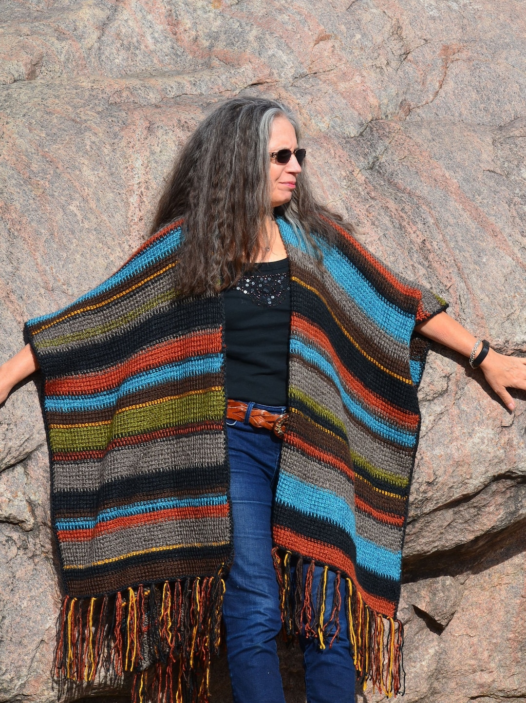 Tunisian Crochet Ruana Poncho Wrap for Women Easy Stash Buster Pattern