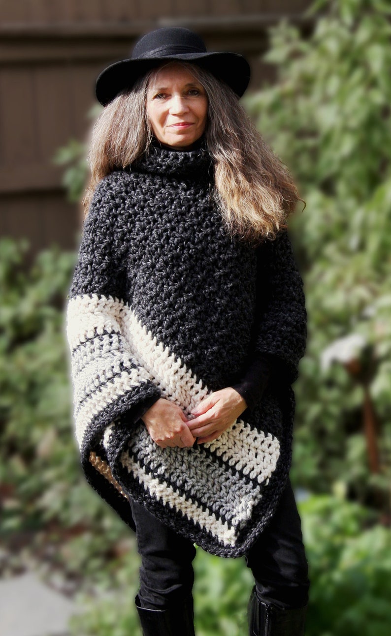 Crochet PATTERN Chunky Turtleneck Poncho for Women Ebony and Ivory Poncho image 1