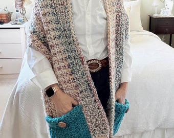 Easy Crochet Pocket Shawl PATTERN: Uses Chunky Yarn and Q Hook (PDF Pattern)