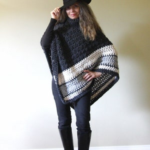 Crochet PATTERN Chunky Turtleneck Poncho for Women Ebony and Ivory Poncho image 2