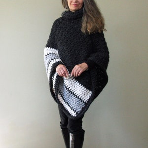 Crochet PATTERN Chunky Turtleneck Poncho for Women Ebony and Ivory Poncho image 5